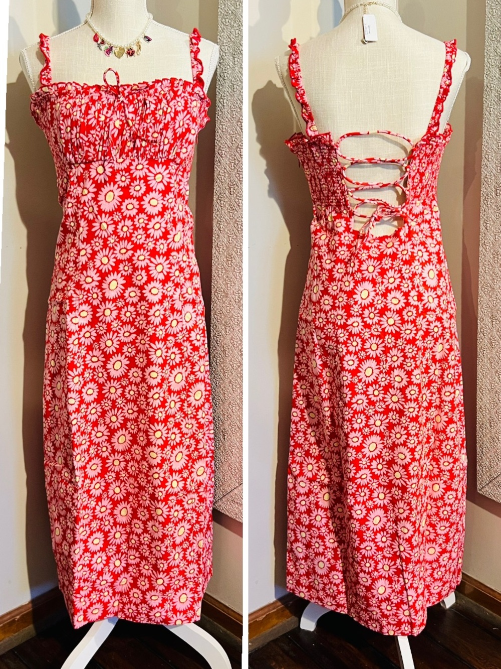 🍅🌼FREE PEOPLE Lucinda Midi Sundress Tomato Daisy Bright Red Floral Lace-Up XL - Picture 2 of 16